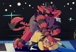 1boy 1girls alternate_outfit ambiguous_penetration anthro ass baebot big_ass blush bodily_fluids cleft_tail clothed clothed_female_nude_male clothing cosplay_pikachu cum domination duo english_text feline female fur furry genital_fluids green_eyes half-closed_eyes heavy_breathing hi_res incineroar larger_male looking_back male male_domination mammal mask muscular muscular_male nintendo nude open_mouth penetration pikachu pikachu_libre pokémon_(species) pokemon red_fur rodent sex shortstack size_difference smaller_female super_smash_bros. sweat teeth text thick_thighs tongue tongue_out video_games wide_hips yellow_fur