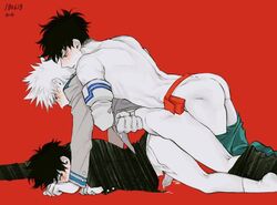 3boys bottomless clothed_sex gay group_sex izuku_midoriya katsuki_bakugou male male_only megane_o__o multiple_boys my_hero_academia penis red_background sex threesome yaoi