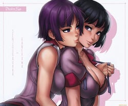 2girls bakemonogatari big_breasts breast_press breasts cleavage clothing curvy dandon_fuga dark_hair female_only hanekawa_tsubasa large_breasts monogatari_(series) purple_eyes purple_hair senjougahara_hitagi short_hair tagme thick yuri