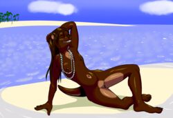 beach brown_fur brown_hair dark_fur dark_skin female fur hair hi_res lutrine mammal mustelid nipples nude remwithpen sand sea seaside smile water wet