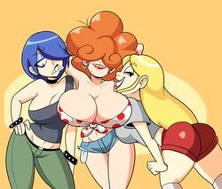 3girls ass ass_up beauty_mark belly_button blonde_female blonde_hair blue_hair booty_shorts breasts choker cleavage curly_hair dat_ass earring ed_edd_n_eddy eyeshadow female female_only hair_over_eyes highres huge_breasts jeans kanker_sisters large_breasts leaning_to_the_side lee_kanker lipstick long_hair marie_kanker may_kanker midriff posing red_hair short_hair short_shorts sisters skimpy smile superspoe tight_clothing