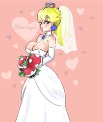 big_breasts blonde_hair blue_eyes breasts bride cleavage curvy earrings female_only heart icewings03 looking_at_viewer mario_(series) nintendo pink_lips piranha_plant_bouquet princess_peach super_mario_odyssey thick wedding_dress wedding_peach_(super_mario_odyssey) wedding_veil wide_hips