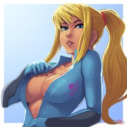 1girls bangs blonde_hair blue_eyes bodysuit breasts cleavage clothed clothing female female_only human large_breasts looking_at_viewer metroid nintendo open_bodysuit parsujera ponytail samus_aran sidelocks solo unzipped unzipped_bodysuit unzipped_zero_suit unzipping zero_suit zero_suit_samus