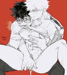 anal_fingering biting_clothes biting_shirt bottomless fanon_couple fingering gay izuku_midoriya katsuki_bakugou male_only megane_o__o muscular_male my_hero_academia red_background shirt shirt_lift yaoi