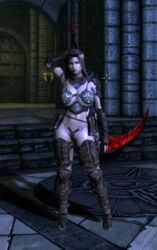 1girls arm_up armor bethesda_softworks breasts cleavage college female female_only front_view full_body game_screenshot hand_on_head huge_breasts human human_only indoor panties posing school skyrim solo standing the_elder_scrolls thick_thighs thief unconvincing_armor vambraces winterhold