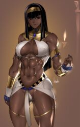 1girls abs black_hair bowalia dark-skinned_female erect_nipples long_hair muscular_female original solo tagme