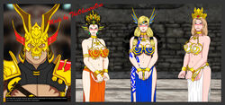 1boy 3girls angry athena_(smite) black_hair blonde_hair blue_eyes blush bondage clenched_teeth concubine crossover cuffs da_ji_(smite) defeated female freya_(smite) goddess handcuffs headgear helmet lipstick loincloth male markings mortal_kombat orange_eyes sex_slave shao_kahn slave slit_pupils smite subtitled tattoo theobscureone throne throne_room tiara