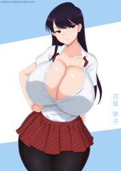 1girls alternate_breast_size black_eyes black_hair blue_background bursting_breasts busty cleavage clothed deviantart eye_contact female half-closed_eyes hand_on_hips huge_breasts kainkout komi-san_wa_komyushou_desu komi_shouko long_hair looking_at_viewer pantyhose pose school_uniform serious shirt skirt text thick_thighs url watermark wide_hips