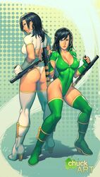 2girls ass black_orchid blue_eyes breasts chuck_pires cleavage curvy dark_hair earrings female_only hips killer_instinct long_hair multiple_girls nipples_visible_through_clothing thick wide_hips