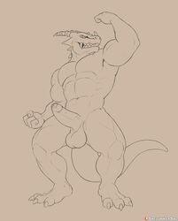 anthro balls clenching_teeth doodle dragon erection flexing hi_res humanoid_penis lizard male male_only monochrome muscular muscular_male penis posing reptile scalie sketch solo spelunker_sal standing uncut vein yellow_eyes