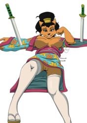 alpha_channel anthro bite biting_lip biting_own_lip black_hair breasts canid canine clothing female fox fur hair hi_res kimono legwear mammal melee_weapon mostly_nude nipples orange_fur self_bite simple_background solo sword thigh_highs transparent_background upskirt usagi_yojimbo weapon yawg