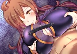 1boy ahoge breasts brown_eyes brown_hair cleavage closed_mouth female fingernails huge_breasts kono_subarashii_sekai_ni_shukufuku_wo! long_hair looking_at_viewer lying on_back paizuri paizuri_under_clothes penis purple_nails purple_shirt self_fondle shirt smile upper_body wiz_(konosuba) yottan