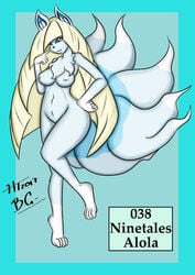 1girls abs aether_foundation alolan_ninetales alternate_breast_size alternate_species anthro anthrofied bernardol22 breasts canine female fox furry hair_over_one_eye hi_res hitori09 humanoid lusamine_(pokemon) milf mother ninetales nintendo nipples nude pinup pokémon_(species) pokedex pokemon pokemon_sm pokemorph pose pussy text thick_thighs transformation video_games watermark wide_hips