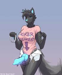 1futa 2019 animal_genitalia animal_penis anthro aurora_(lufty) balls big_breasts bioluminescence black_fur black_hair blue_eyes bottomwear breasts canid canine canine_penis canis choker clothed clothing collar digital_media_(artwork) erection fur furry futa_only futanari glowing gynomorph hair hi_res intersex jewelry knot looking_at_viewer lufty mammal necklace penis pointing_at_penis shirt shorts simple_background snap_my_choker solo text topwear unzipped wolf