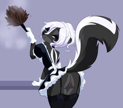 2019 anthro ass bottomless clothed clothing diana_rayablanca feather_duster female fur furry furry_only hair hi_res legwear looking_back maid_uniform mammal mephitid no_underwear presenting presenting_hindquarters presenting_pussy pussy rear_view simple_background skeletonguys-and-ragdolls skunk smile solo striped_skunk tail tail_upskirt uniform white_fur white_hair