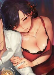 big_breasts breasts brown_eyes cleavage collarbone dark_hair drink female necklace sasaoka_gungu short_hair