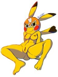 1girls 2018 anthro anthrofied ass blueast breasts cleft_tail clothing cosplay_pikachu eye_contact feet female fur furry half-closed_eyes hi_res looking_at_viewer mammal mask nintendo nipples nude pikachu pikachu_libre pokémon_(species) pokemon pokemon_oras pussy simple_background sitting smile solo text thick_thighs toes video_games watermark white_background wide_hips yellow_fur