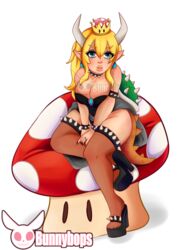 1girls ass big_lips blonde_hair bondage bondage_gear bowsette breasts bunnybops cleavage crown curvy demon_girl female female_only furry genderswap high_heels horns large_ass large_breasts leather lizard lizard_woman mario_(series) mushroom new_super_mario_bros._u_deluxe nintendo open_mouth pinup pinup_girls skirt staring thick_thighs thighhighs watching