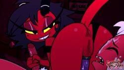 1boy 1girls animated anus ass canaryprimary cum_on_self handjob helluva_boss looking_back millie_(helluva_boss) moxxie_(helluva_boss) panties panties_aside pussy red_skin sound tagme tail video