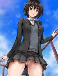 amagami black_hair black_jacket blue_sky breasts censored cloud collared_shirt commentary_request day female grey_sweater_vest hand_on_railing highres jacket kibito_high_school_uniform large_breasts large_variant_set long_sleeves looking_at_viewer mosaic_censoring nanasaki_ai no_panties outdoors pleated_skirt pussy r-binon railing school_uniform shirt short_hair skirt sky solo standing sweater_vest thighs variant_set white_shirt