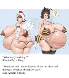 ai-created ai_assisted ai_generated amelia_bedelia bee bee_costume bee_sting bee_wings brown_hair chicken chicken_costume dialogue dot_eyes feathers gigantic_belly huge_ass huge_belly huge_breasts humor hyper_pregnancy maid maid_headdress misunderstanding pregnancy pregnant pun sexy_maid wings_on_back