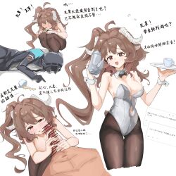 1boy absurdres ahoge alternate_costume animal_ears arknights bar_censor bare_shoulders black_gloves black_jacket blush breasts brown_hair brown_pantyhose censored chinese_commentary chinese_text cleavage clothing_cutout commentary_request cup curled_horns detached_collar doctor_(arknights) eyjafjalla_(arknights) female gloves grey_horns grey_leotard hands_on_own_knees highres holding holding_plate holding_teapot hood hood_up hooded_jacket horns jacket leotard long_hair male_doctor_(arknights) medium_breasts navel navel_cutout open_mouth pantyhose penis pink_eyes plate playboy_bunny sheep_ears sheep_girl sheep_horns simple_background smile squatting straight strapless strapless_leotard teacup teapot translation_request white_background wrist_cuffs zhenjie20