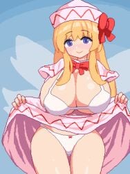 alternate_breast_size animated bikini blonde_hair blue_background blue_eyes blush bouncing_breasts bow bowtie bra breasts capelet chups cleavage closed_mouth clothes_lift cowboy_shot dress dress_lift fairy fairy_wings female hat hat_bow huge_breasts large_breasts lily_white long_hair looking_at_viewer panties pink_dress pixel_animation pixel_art red_bow red_bowtie sidelocks simple_background skirt skirt_lift smile solo standing swimsuit thick_thighs thigh_gap thighs touhou touhou_project underwear white_bra white_capelet white_dress white_headwear white_panties wings