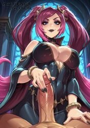 1boy1girl 1girls abs ai_generated artifactglitch big_breasts big_penis black_dress blue_eyes boner chocker cleavage cleavage_cutout dress erection hair_ornament hand_on_penis handjob hips_wider_than_shoulders league_of_legends lipstick long_hair makeup nipples nipples_visible_through_clothing pentakill_iii:_lost_chapter pentakill_iii:_lost_chapter_sona pleased_expression precum purple_hair riot_games shoulders smiling sona_buvelle thick_ass thick_thighs twintails veiny_penis watermark