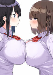 2girls black_hair brown_hair competition huge_breasts kaisen_chuui original short_hair symmetrical_docking