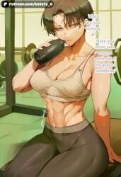b34sty_0 patreon ai_generated watermark levi_ackerman attack_on_titan shingeki_no_kyojin hair eyes black_hair short_hair blue_eyes tomboy breasts boobs tits medium_breasts medium_tits medium_boobs muscular muscular_female abs sitting looking_at_viewer staring_at_viewer holding_object holding_drink drink drinking drinking_water sweat sweatdrop gym_uniform gym_clothes gym_clothing tight_pants black_tights black_pants gym_topwear white_topwear black_bottomwear 1girl 1girls genderswap genderswap_(mtf) rule_63 rule63 gym