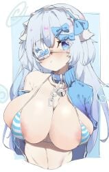 anomea_(vrchat) areola_slip bell bikini blue_background blue_bikini blue_bow blue_collar blue_eyes blue_hair blue_jacket bow breasts chains collar collarbone commentary_request eyepatch female grey_halo hairbow halo highres huge_breasts jacket jingle_bell long_hair looking_at_viewer solo spy_artservice striped_bikini striped_clothes swimsuit two-tone_background upper_body vrchat white_background
