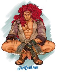 1boy abs alt_text animal_ears bara bottomless chest_hair commentary english_commentary fire_emblem fire_emblem:_radiant_dawn highres large_pectorals long_hair looking_at_viewer male_focus multiple_scars muscular muscular_male navel nipples pectoral_cleavage pectorals penis red_hair sandals scar skrimir_(fire_emblem) solo squatting thatbluelaguz