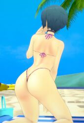 1girl 3d_render ass backside banana_boat beach bikini blue_sky collar fuuka_yamagishi green_hair koikatsu palm_leaf palm_tree persona persona_3 persona_3_reload posing render sand sand_bucket thong_bikini