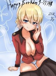 1girls arm_support big_breasts blonde_hair blue_eyes blush braid braided_bun breasts busty cleavage clothes_pull darjeeling dated female female_only girls_und_panzer hair_bun half-closed_eyes highres japanese_text large_breasts legs looking_at_viewer naughty_face open_clothes panties pose posing school_uniform sitting skirt skirt_pull solo thighs translated unbuttoned underwear voluptuous white_panties