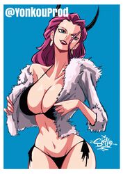 1girls artist_name beast_pirates big_breasts bikini black_bikini black_swimsuit blue_background blue_eyes breasts cleavage clenched_teeth clothing collarbone cowboy_shot curvy earrings english_text eyelashes female female_focus female_only fur_coat ginrummy grin head_tilt highres hips horns huge_breasts human jewelry large_breasts lipstick long_hair looking_to_the_side makeup medium_hair naughty_face navel one_piece pink_hair red_lips seductive shellmaru shiny shiny_skin short_sleeves side-tie_bikini signature simple_background smile solo solo_female string_bikini swimsuit teeth text voluptuous watermark white_border wide_hips