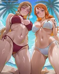 2girls ai_generated arm_tattoo arms_behind_back ass_visible_through_thighs asuna_(sao) asuna_yuuki bangs beach bikini blue_sky blush breasts brown_eyes brown_hair cleavage cloud curvy dandanhub day earrings female female_only from_below jewelry kneeling large_breasts lips long_hair looking_at_viewer multiple_girls nami_(one_piece) navel one_piece orange_eyes orange_hair outdoors palm_tree parted_lips red_bikini shiny_skin shoulder_tattoo side-tie_bikini_bottom sky smiling stomach swimsuit sword_art_online tattoo thighs thong thong_bikini tree wet white_bikini wide_hips yuuki_asuna