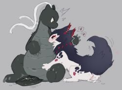anthro anus biped blush dragonite duo erection female fur generation_1_pokemon generation_2_pokemon genitals grey_body heart_symbol hi_res male navel nintendo open_mouth penis pokemon pokemon_(species) purple_body purple_fur scales simple_background speech_bubble swaybat tail tongue typhlosion vulva white_body white_fur