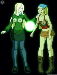 2girls areolae blonde_hair boots breasts busty clothing crossover dawn_(tdi) female female_focus female_only glowing heavy_metal human human_only lindsay_(tdi) loc-nar multiple_girls nipples pants see-through see-through_bra skirt standing tenzen total_drama:_revenge_of_the_island total_drama_island