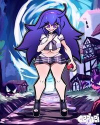 1girls alternate_breast_size alternate_outfit ambiguous_gender big_breasts cephei clothed eye_contact female feral gastly ghost half-closed_eyes haunter hex_maniac huge_breasts larger_female long_hair looking_at_viewer midriff miniskirt nintendo npc_trainer pokemon pokemon_rgby pokemon_xy purple_eyes purple_hair size_difference text thick_thighs underboob watermark wide_hips