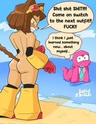 1boy 1girls 2026 2d 2d_(artwork) anthro areolae artist_signature ass back_view beach blue_sky blush blush_lines breasts brown-haired_female brown-skinned_female brown_body brown_hair brown_skin cat_ears cat_girl cat_humanoid cat_tail catgirl clouds color colored dialogue digital_drawing_(artwork) digital_media_(artwork) dinosaur disappearing_clothes embarrassed embarrassed_naked_female embarrassed_nude_female enf english_text feline feline_humanoid female gameoverse glitch_productions gobbles_(gameoverse) goggles goggles_on_head humanoid jiffydraws kit_(gameoverse) mostly_nude naked naked_female necktie nipple nude nude_female ocean prehistoric_species reptile reptile_humanoid speech_bubble standing suddenly_naked text thought_bubble