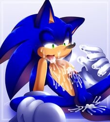 anthro balls bodily_fluids cum cum_on_tongue eulipotyphlan furry genital_fluids hedgehog hi_res humanoid_penis jayaero male male/male mammal penis solo sonic_(series) sonic_the_hedgehog tongue