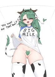 1girl 1girls absurdres animal_ears animal_print black_sclera breasts colored_sclera cow_ears cow_girl cow_horns cow_print cow_print_thighhighs crelly crelly_(crelly_3.0) dice_hair_ornament female female_only female_pubic_hair green_hair grey_eyes grey_sclera hair_ornament heart heterochromia highres horns indie_virtual_youtuber large_breasts long_hair looking_down low-angle_view mega_milk no_panties no_pants open_mouth print_thighhighs pubic_hair pussy shirt shirt_lift side_ponytail solo standing szpecter thick_thighs thighhighs thighs viewed_from_below virtual_youtuber white_background white_shirt x_hair_ornament