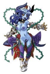 ankle_boots armor artist_request asmodeus_(shinrabanshou) black_sclera blue_hair blue_horns blue_skin boots breasts colored_sclera colored_skin colored_tongue crown demon_girl demon_horns demon_tail detached_sleeves feathered_wings female gauntlets gold_trim horns large_breasts long_hair low_wings midriff navel non-web_source nude_filter oerba_yun_fang open_mouth pointy_ears purple_thighhighs purple_tongue purple_wings shinrabanshou solo source_request tail thighhighs third-party_edit thorns transparent_background white_boots wings yellow_eyes