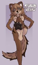anthro bedroom_eyes blue_eyes breasts brown_body brown_fur canid canine cheek_tuft dhole erect_nipples facial_tuft fangs feet female female_anthro foot_fetish foot_focus fur gloves_(marking) hair hands_on_hips humiliation inner_ear_fluff inviting looking_at_viewer low-angle_view lustful_gaze mammal markings messy_hair mole_(marking) multicolored_body multicolored_fur narrowed_eyes naughty_face nipples open_mouth orange_body orange_fur orange_hair pawpads pink_nipples raised_foot seductive shaded simple_background small_breasts smug smug_face soft_shading solo speech_bubble suggestive_dialogue tail teasing teasing_viewer teasing_with_feet teeth tongue tuft