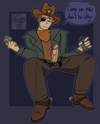 alcoholic_drink bandana chat_bubble condom cowboy cowboy_outfit dick dick_out_of_pants dick_out_of_underwear eddsworld eye_patch flask image leaking_precum looking_at_viewer male_only procreate_(software) random.whore sheriff smirking_at_viewer tom_(eddsworld) twitter_username unbuckled_belt unbuttoned_pants