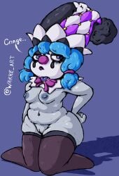 belly black_lipstick blue_hair bow_tie braided_hair breasts bunny_ears bunny_girl clothing clown clown_girl clown_hat clown_makeup clown_nose female goblin_clown grey_body grey_skin hair hi_res humanoid kneeling lagomorph league_of_legends legwear lipstick makeup rabbit_ears rabbit_girl riot_games shortstack slightly_chubby small_breasts solo surprise_party_vex tencent the_grind_series thick_thighs thigh_highs twin_braids twintails vex_(league_of_legends) wakke yordle