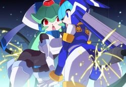 2girls anal anal_addiction anal_insertion anal_penetration android ass blue_eyes blue_helmet blue_sky commentary_request crop_top electrocution fairy_leviathan female_humanoid female_penetrated fins forehead_jewel green_hair head_fins helmet humanoid kaidou_zx long_hair looking_at_viewer looking_pleasured mega_man mega_man_zer mega_man_zx model_w_(mega_man) multiple_girls navel open_mouth pandora_(mega_man) pussy_juice red_eyes robot_girl simple_background sky tears tongue tongue_out