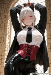 ai_generated animal_ears arms_up bangs black_jacket black_necktie black_pants blush bondage bound bound_wrists breasts brick_wall cat_ears chainsaw_man collared_shirt corset covered_nipples cuffs dress_shirt drooling extra_ears female female_only grin jacket kermixx large_breasts leather lips long_sleeves looking_at_viewer makima_(chainsaw_man) necktie nipples no_bra open_clothes open_jacket pants parted_lips pink_eyes saliva see-through shirt sidelocks smile solo underbust wet wet_clothes wet_shirt white_hair white_shirt