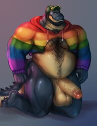 anthro balls beard big_balls big_penis body_hair bottomless chest_hair clothed clothing crocodile crocodilian crocodylid facial_hair gatorbeast gay gay_male gay_pride glans hat headgear headwear hi_res humanoid_penis kneeling male male_only multicolored_clothing multicolored_topwear penis rainbow_clothing rainbow_topwear reptile scalie solo topwear