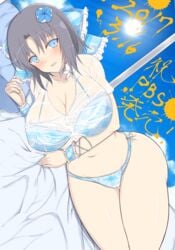 10s 1girls 2017 bikini black_hair blue_bikini blue_bow blue_eyes blush bow breasts cleavage cowboy_shot dated female flower hair_flower hair_ornament hairbow huge_breasts looking_at_viewer lying navel noeomi on_side parted_lips see-through senran_kagura senran_kagura_peach_beach_splash shirt short_hair smile solo stomach swimsuit thigh_gap thighs wet wet_clothes wet_shirt wrist_cuffs yumi_(senran_kagura)